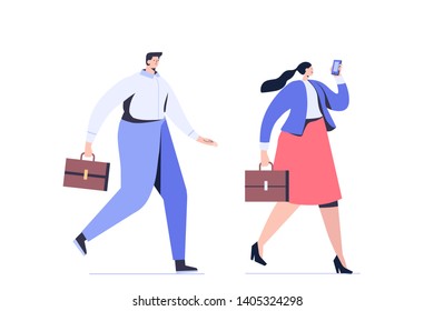 Business people rush to work side view. Walking people flat vector characters.