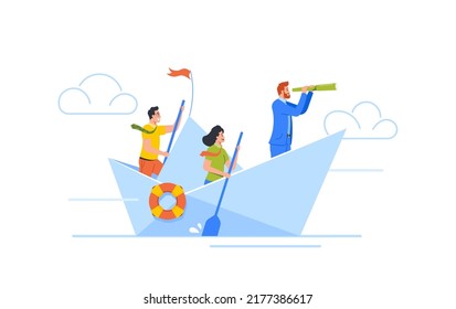 Business People Sailing On Paper Boat. Businessmen And Woman Team Row, Boss Searching Correct Way with Spyglass. Risk, Teamwork, Leadership, Supervision Concept. Cartoon Vector Illustration