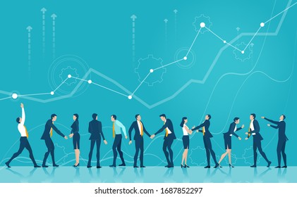 Business people sanding in line with growth chart showing vivid path above. Financial growth, economy and business developing aspect. 