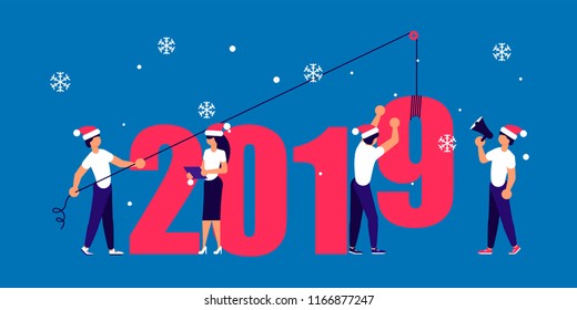 Business people in Santa Hat, man and woman building a numbers 2019, in flat modern style. preparing to meet the new year . Office Team are preparing to meet the new year. Vector illustration eps 10