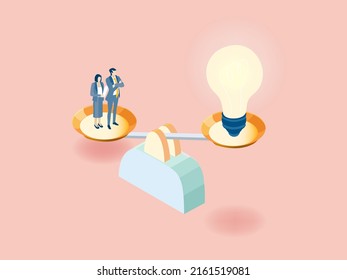 Business people and scale, businessman negotiating the deal, working as a team, winning and competitive aspect. Isometric infographic illustration.