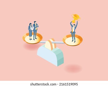 Business people and scale, businessman negotiating the deal, working as a team, winning and competitive aspect. Isometric infographic illustration.
