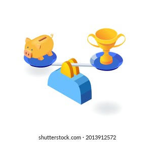 Business People And Scale. Golden Pig And Trophy, Great Ideas And Unique Business Approach. Partnerships.  New Start Up. Isometric Iconographic Of Business Working Space With People, Business Concept