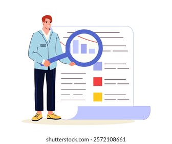 Business people scene. Man with graphs and diagrams. Analyst conduct marketing research. List with business goals. Financial literacy, assessment of expenses and income. Flat vector illustration
