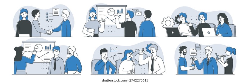 Business people scene set. Men and women in office. Employees and workers with graphs and charts. Collaboration and brainstorming. Linear vector collection isolated on white background