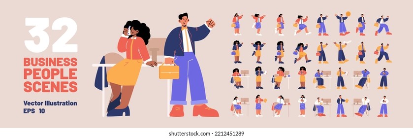 Escenas de gente de negocios ambientadas con hombres y mujeres diversos en el lugar de trabajo con mesa y computadora, caminar y correr. Trabajadores de oficina con maletas y teléfonos, ilustración plana vectorial