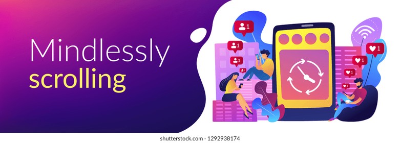 Business people scrolling through newsfeeds, smartphone with clock. Mindlessly scrolling, clicking on applications, social media addiction concept. Header or footer banner template with copy space.