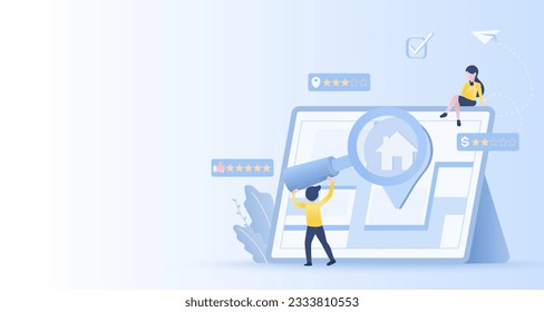 Empresarios que buscan un mapa de propiedades de activos en una plataforma en línea. Ubicación de la encuesta de satisfacción del cliente, estrella de la clasificación de precios. Ilustración de diseño de vector plano con espacio de copia.