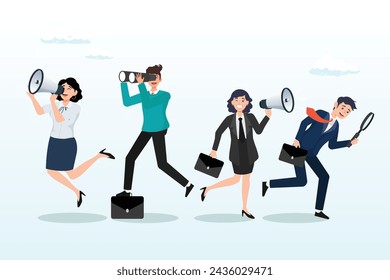 Business people searching with binoculars and megaphone, recruitment, human resources searching for candidate, hiring or finding staff for vacancy, marketing search for client or customer (Vector)