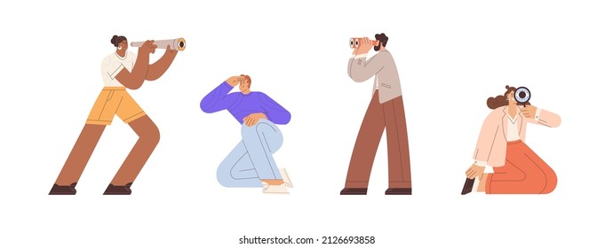 Business people searching, finding new work opportunities. Men and women looking through spyglasses, binoculars, magnifier set. Strategy concept. Flat vector illustration isolated on white background