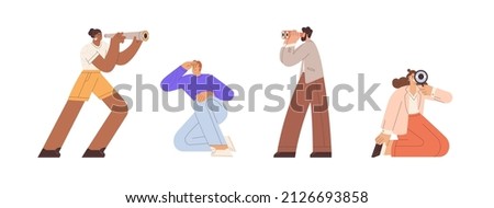 Business people searching, finding new work opportunities. Men and women looking through spyglasses, binoculars, magnifier set. Strategy concept. Flat vector illustration isolated on white background