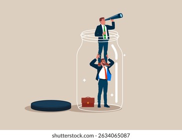 Business people searching for new opportunities. Businessman holding spyglass stands on the shoulders of his business partner in glass jar. Business stagnation with no growth. Flat vector illustration