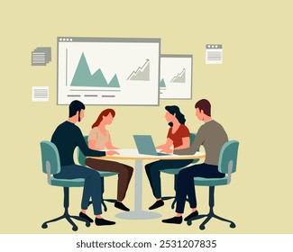 business people seated around a table in a meeting room. They are discussing graphs displayed on screens, symbolizing teamwork, collaboration, and data analysis. Ideal for business themes.