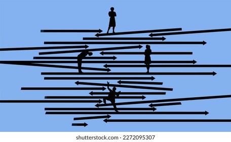 Business people are seen climbing up a series of arrows which represent the corporate ladder to success. Vector image.