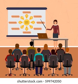 Business people seminar. Group office employee on a management, finance, teamwork training. Flat vector illustration.