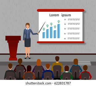 Business people seminar. Group office employee and speaker with podium on a management, finance, teamwork training. Flat vector illustration.