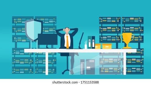 Business people in the server room. Technology, big data, information safely idea.  Business concept illustration