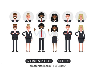 Business people set 3 isolated on white background. Different nationalities and dress styles. Icons office people