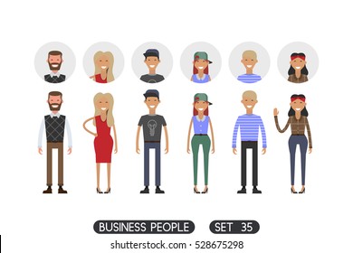 Business people set 35 isolated on white background. Hipsters. Different nationalities and dress styles. Icons 