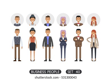 Business people set 40 isolated on white background. Hipsters. Different nationalities and dress styles. Icons 