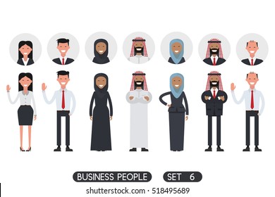 Business people set 6 isolated on white background. Different nationalities and dress styles. Icons office people. Muslim Arabic Business people