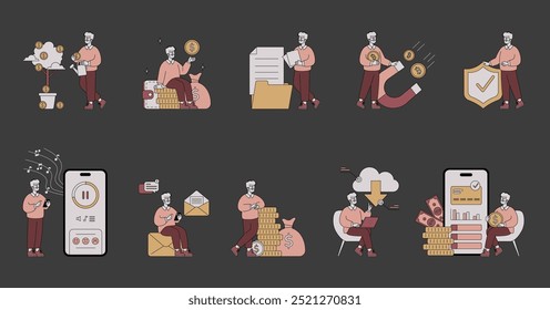 Business People Set. Diverse financial activities and digital operations depicted through a businessman engaging with money and technology. Vector illustration.