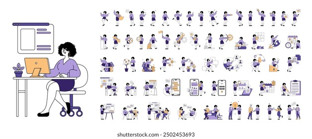 Business People set. Diverse office situations featuring a female character at work. Team collaboration, project management, and corporate tasks. Vector illustration.