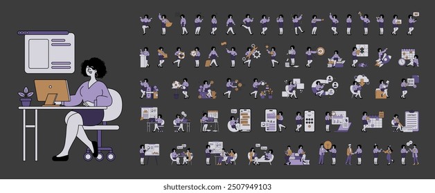 Business People set. Diverse work activities in modern corporate life. Collaboration, presentations, and workplace scenarios. Vector illustration.