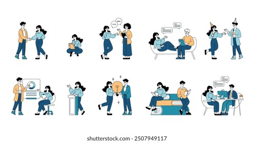 Business People set. Illustration of diverse office scenarios with teamwork, presentation, and brainstorming sessions. Vector illustration.