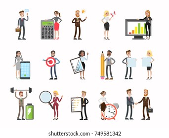 Business people set. men and women working, analysing data, meeting and more.
