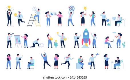 Business people set. Office characters work. Group of businessmen in suit in different poses with money and light bulb. Isolated vector illustration in cartoon style