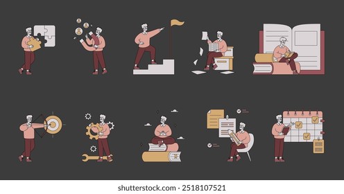 Pessoas de negócios definidas. Personagens profissionais em diversos cenários, como trabalho, solução de problemas, planejamento e relaxamento. Ilustração da vida corporativa eficiente e versátil. Ilustração vetorial.