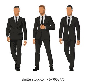 Business people, set of three characters in dark suits. Front view of businessmen, vector illustration