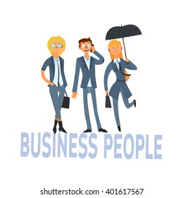 Business People Set Of Three Person In Suits Simple Style Vector Illustration With Text On White Background