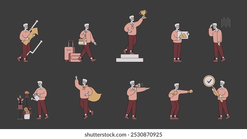 Pessoas de negócios definidas. Expressões e ações variadas de um homem de negócios. Viagem de carreira, atingindo metas e multitarefa. Ilustração vetorial.