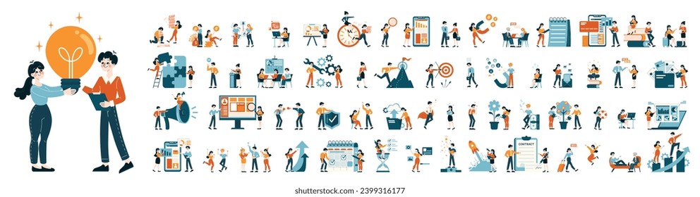 Business People set. Various office scenarios and team interactions. Productivity growth, strategy planning, and goal achievement. Flat vector illustration