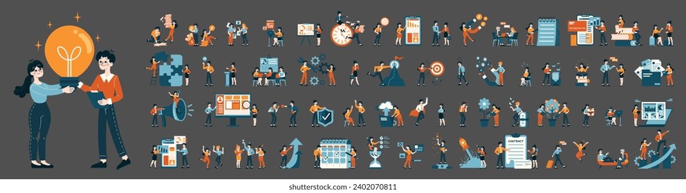 Business People set. Various office scenarios and team interactions. Productivity growth, strategy planning, and goal achievement. Flat vector illustration