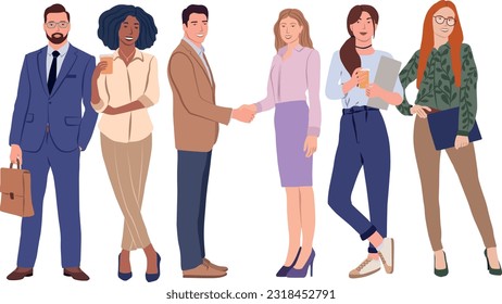 Business people set. Vector illustration in flat cartoon style of woman and man of different nationalities in business clothes. Shaking hands. Isolated on white background.