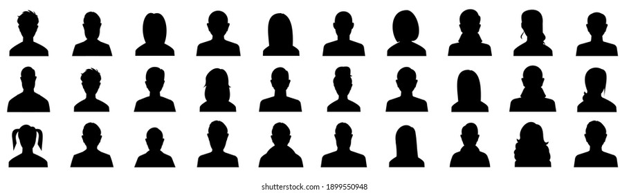 Empresarios, conjunto de siluetas vectoriales.Establezca la silueta de icono de cabeza de hombre y mujer. Signo de perfil de avatar masculino y femenino, logo de silueta facial - vector de stock. Ilustración vectorial.