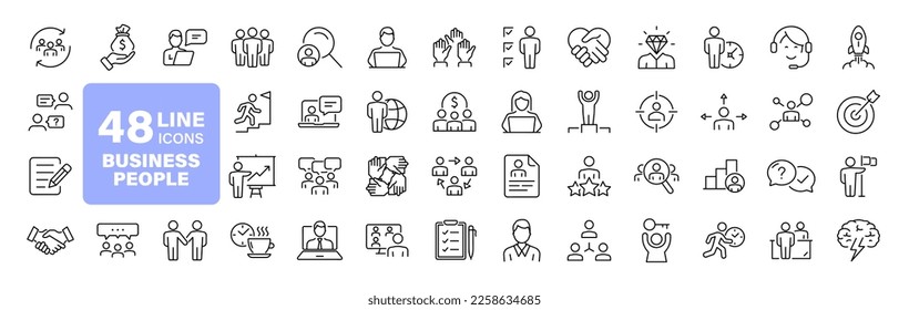 Business People set of web icons in line style. Teamwork in business management icons for web and mobile app. Business meeting, handshake, agreement, human resources, office management, workplace team