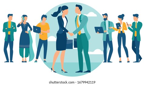 Business people shake hands after negotiation, came to agreement and completed the deal with a handshake. Flat design vector concept for web site and application design and presentation.