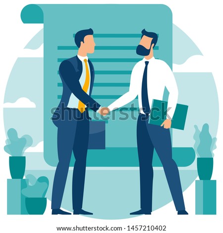 Business   people  shake hands after negotiation, came to agreement and completed the deal with a handshake. Flat design vector  concept for  web site and application design and presentation.