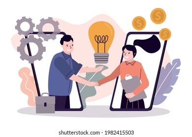 Business people shake hands. Businesswoman invests in innovation idea or startup. Concept of investment and partnership. Business partners close deal online. Man holds light bulb. Vector illustration