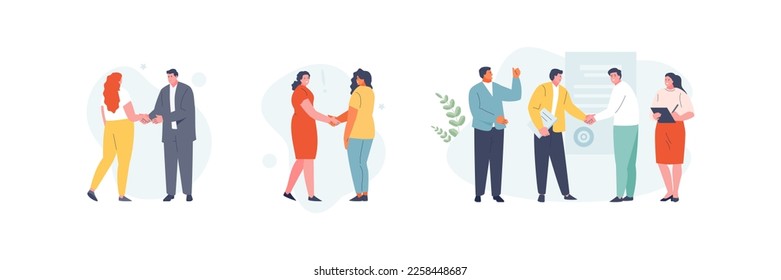 Business people shake hands. Negotiations and meetings, conclusion of transactions, contracts and agreements. Vector characters set