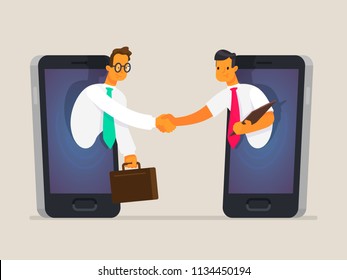Business people shake hands through the phone screen. The concept of business communications, the sale of goods and services online, cooperation. Vector illustration in a flat style Business people shake hands through the phone screen. The concept of business communications, the sale of goods and services online, cooperation. Vector illustration in a flat style