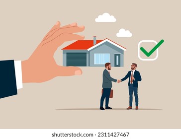 Business people shaking hand after business deal. Purchase and pick real estate home. Safe property purchase deal, transaction security. Vector illustration