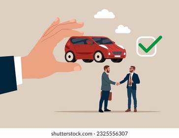 Business people shaking hand after business deal. Purchase and pick car. Safe automobile purchase deal, transaction security. Vector illustration