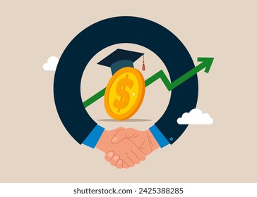 Business people shaking hand after business deal. Tuition fees, scholarship. Dollar coin wearing academic graduation mortarboard hat. Flat vector illustration