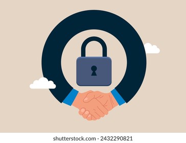 Business people shaking hand after business deal welcome. The data is securely protected. Flat modern vector illustration