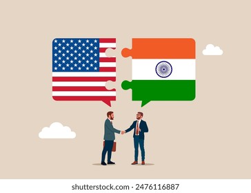 Business people shaking hand after business deal. Bilateral political relations and cooperation between USA and India. Connect USA and Indian flags. 